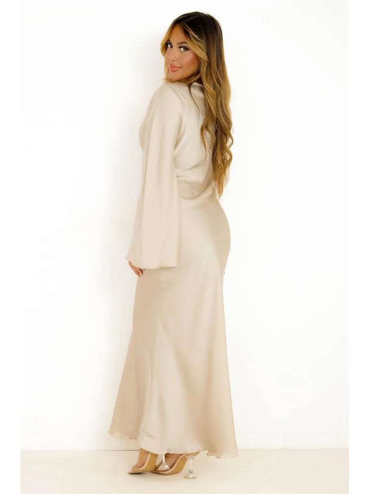 Women Elegant Solid Satin Maxi Dress Fashion Flare Sleeves High Waist Long Prom Robes Ladies Chic Street Vestidos 240115