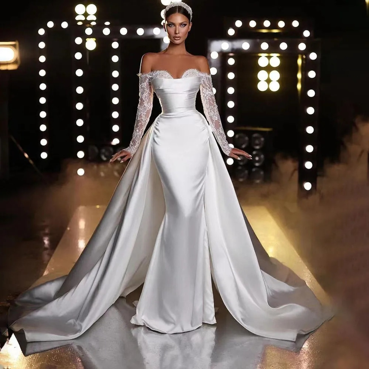 Alonlivn Off-Shoulder Overskirt Mermaid Wedding Dress Luxury Satin Sweetheart Full Sleeves 2 In 1 Bridal Gowns