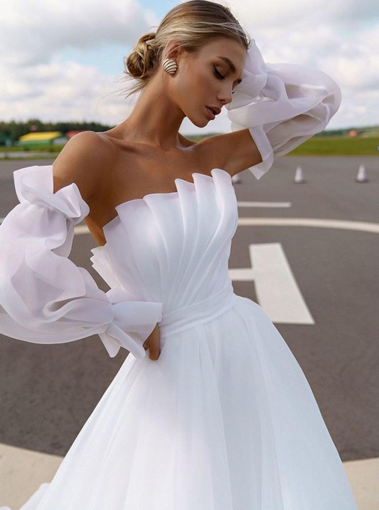 New Modern Bride Wedding Dress 2024 Strapless Pleats Detachable Sleeves Organza A-line Bridal Gowns Boho Vestidos Noiva Robe De Mariage