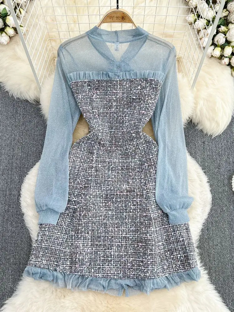 Elegant Lady Small Fragrance Temperament Ribbon Bow Collar Soft Ruffle Patchwork Tweed Plaid Woolen Buttons Autumn Mini Dress 240113