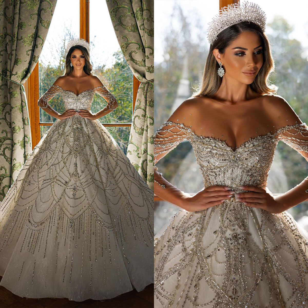 Gorgeous A Line Women Wedding Dress Sheer Neck Long Sleeves Bridal Gowns Crystal Beading Zipper Court Train Dress For Bride Custom Made