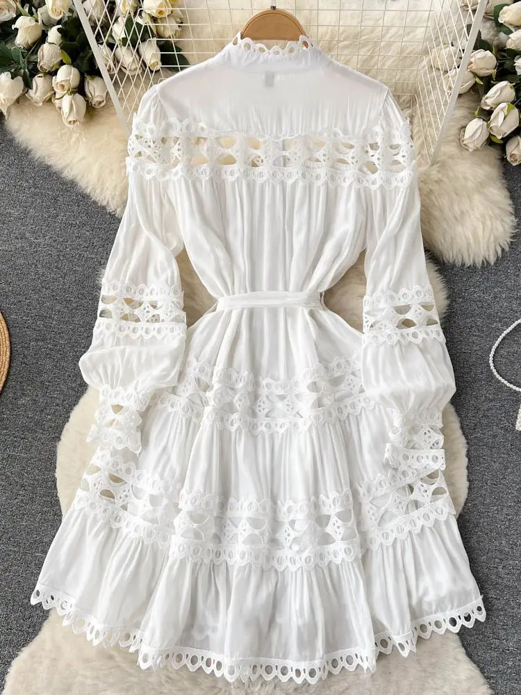 Spring Summer White Blue Black Mini Dress Women's Stand Long Lantern Sleeve Wer Emboridery Hollow Out Lace Up Loose Vestidos