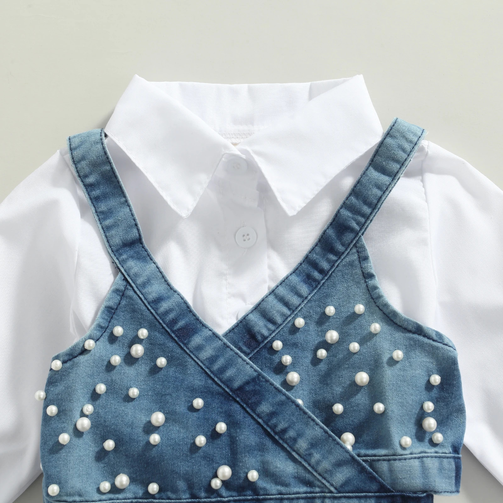 Fashion Children Baby Girl Clothes Solid Color Long Sleeve Shirt Dress Denim Beading Vest 2Pcs Outfits Clothes 240113