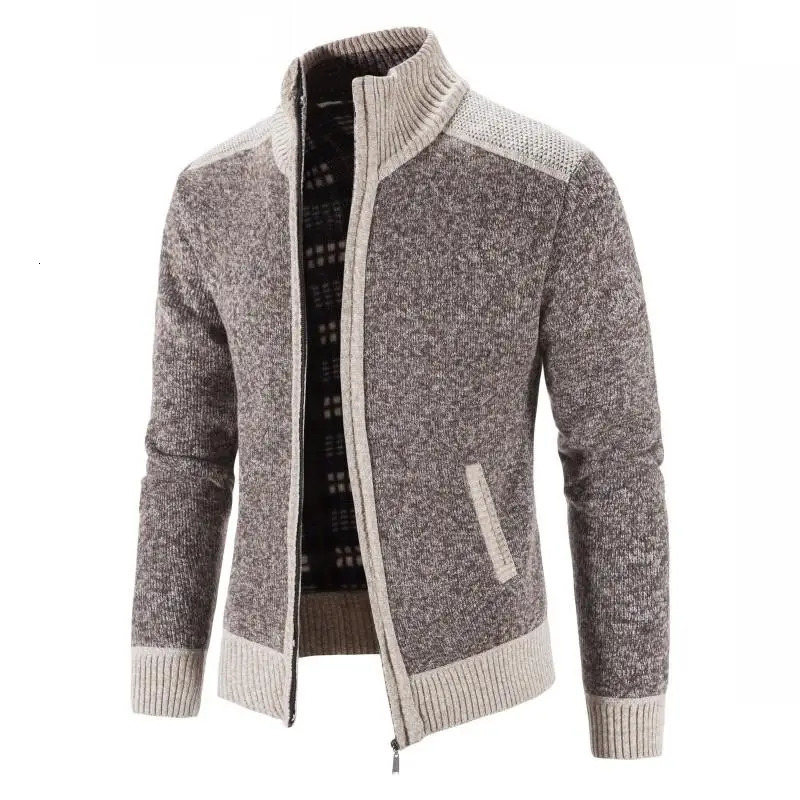 Mens Sweater Coat Fashion Patchwork Cardigan Men Knitted Jacket Slim Fit Stand Collar Thick Warm Coats