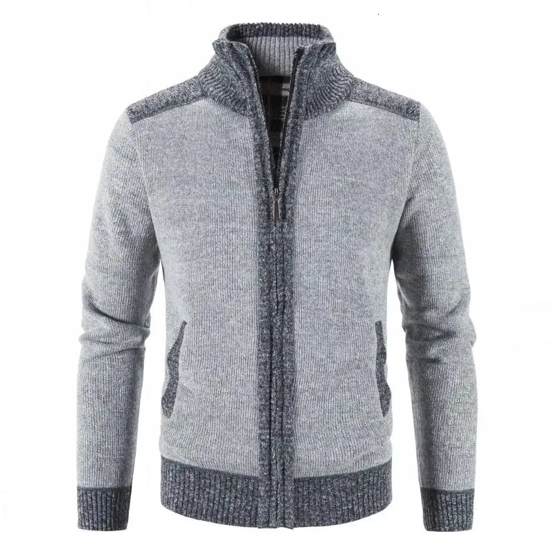 Mens Sweater Coat Fashion Patchwork Cardigan Men Knitted Jacket Slim Fit Stand Collar Thick Warm Coats