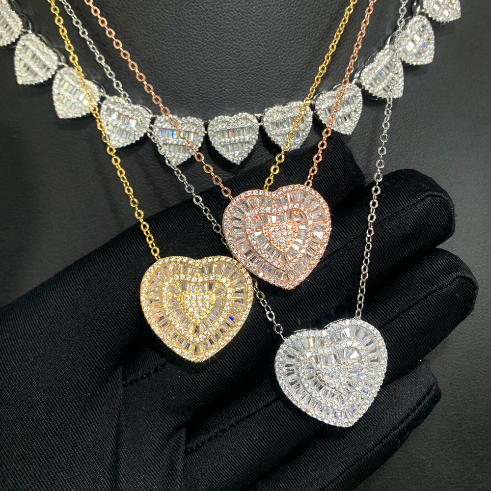 Classic Elegant Iced Out Heart Love Pendant Necklace Glossy Charms Iced Out Prong Setting CZ Cubic Zirconia Hip Hop Women Gift Jewelry