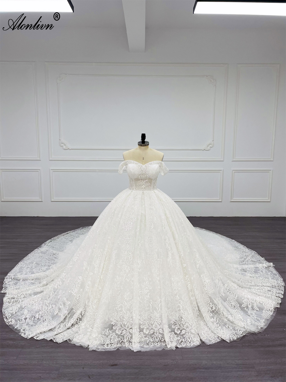 Alonlivn100% Real Photos Shiny Lace Ball Gown Wedding Dress With Chapel Train Luxury Embroidery Lace Sweetheart Bridal Gowns