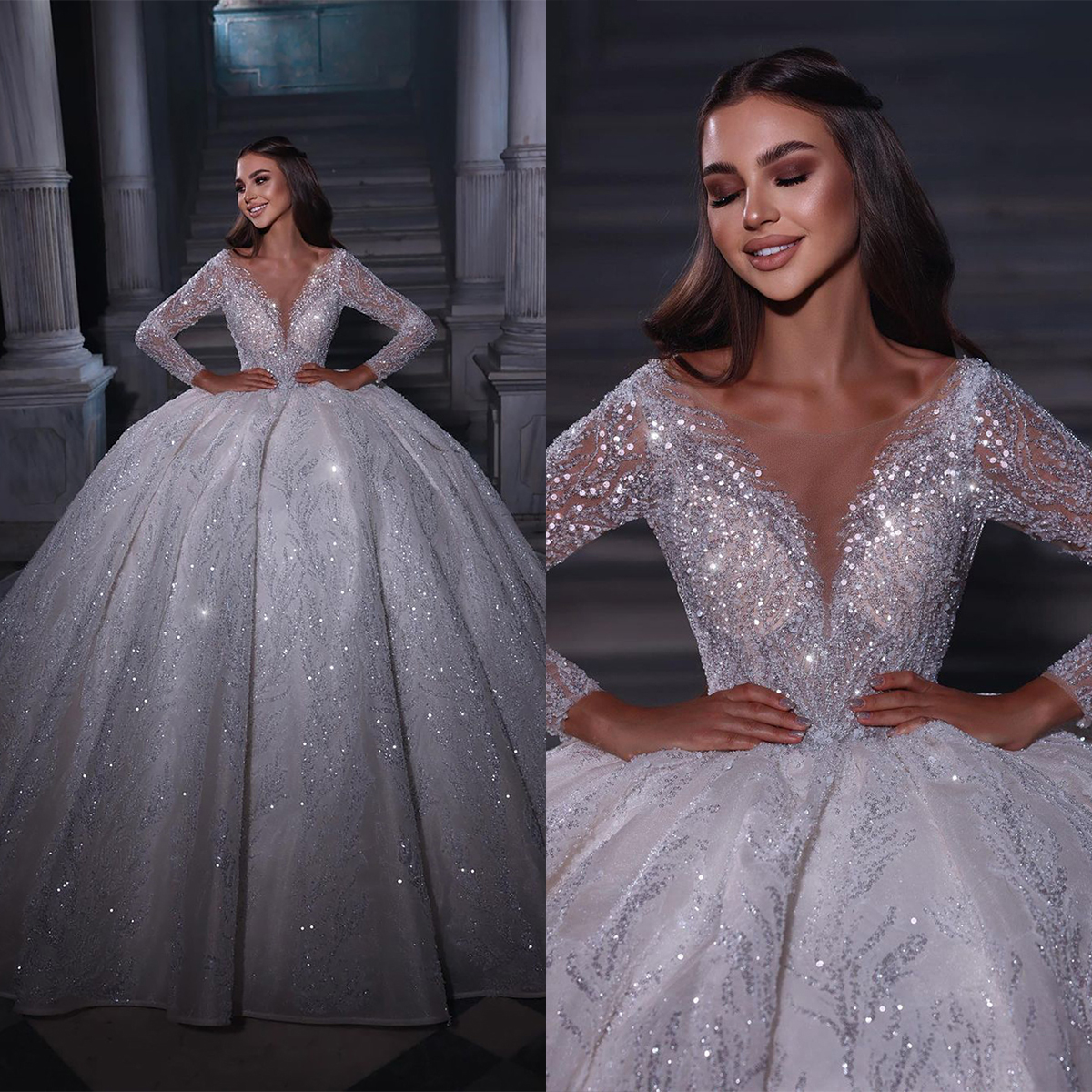 Luxury Ball Gown Wedding Dresses Sheer Neck Long Sleeves Bridal Gowns Sequins Sweep Train Dress For Bride Custom Made Vestido De Novia