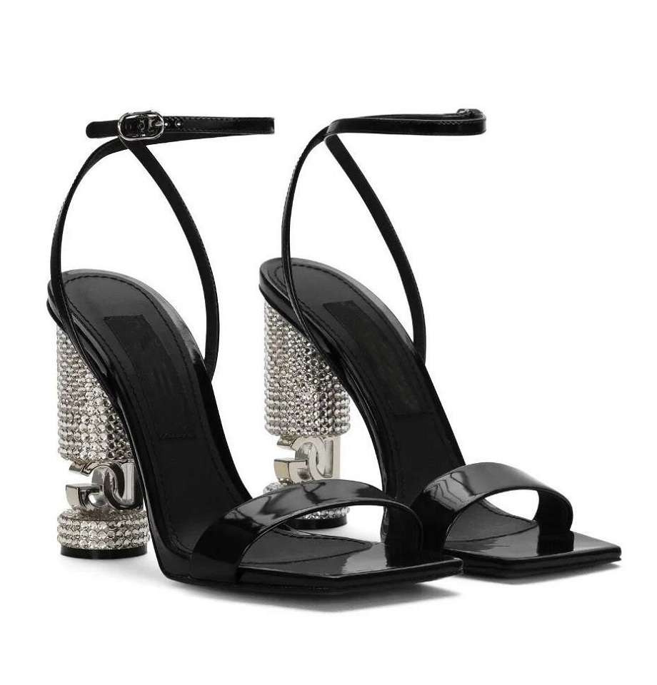 Famous Brand Women Polished Calfskin Sandals Shoes with Rhinestones Heels Black Patent Leather Party Wedding Dress Lady Gladiator Sandalias EU35-43 Original Box