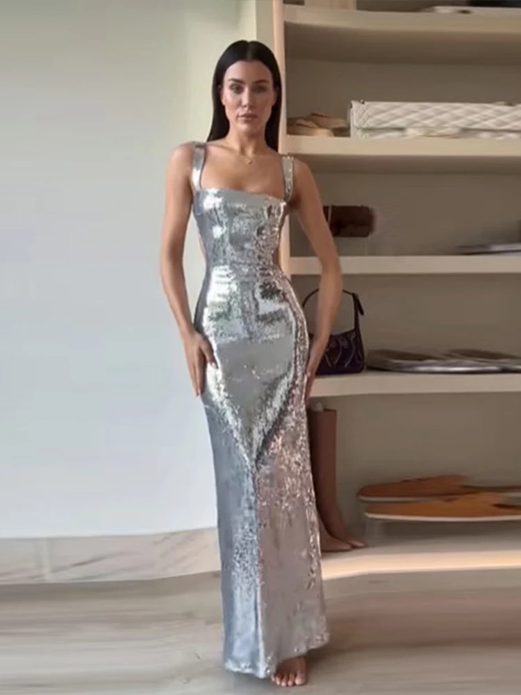 Sexy Sling Backless Silvery Maxi Dresses For Women Fashion High Waist Bodycon Sleeveless Robes Female Evening Party Vestidos 240115