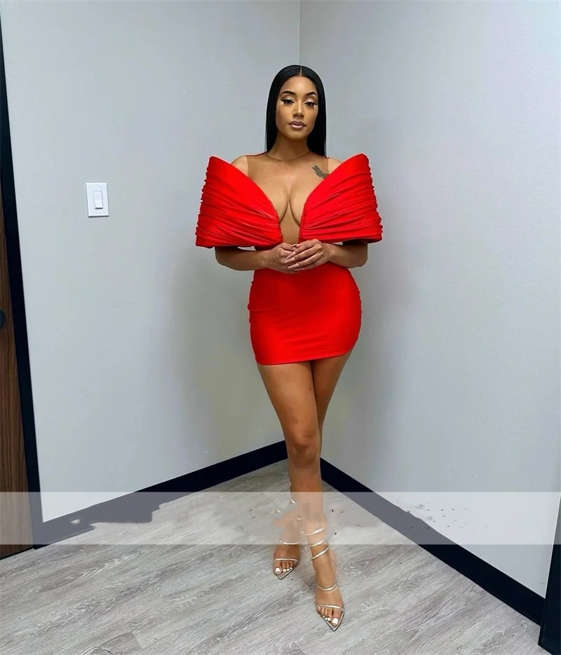 Exquisite Red New Arrival Short Prom Gown With Two Gloves Off Shoulder Birthday Party Tail Dresses Robe De Bal Custom Made