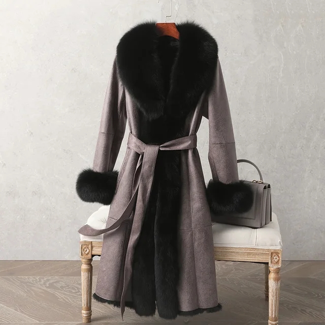 New Real Double Face Rabbit Fur Coat Women's Mid-Length Winter Close-Fitting Leather Fox Furs Collar Cuffs Fur Garments