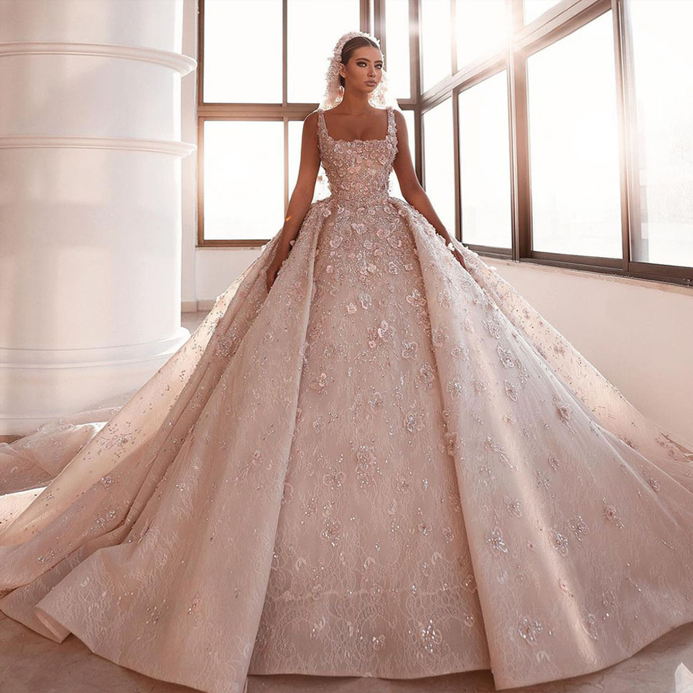 Alonlivn Elegant 3D Flowers Ball Gown Wedding Dress Sleeveless Square Collar Shiny Lace Bridal Gowns