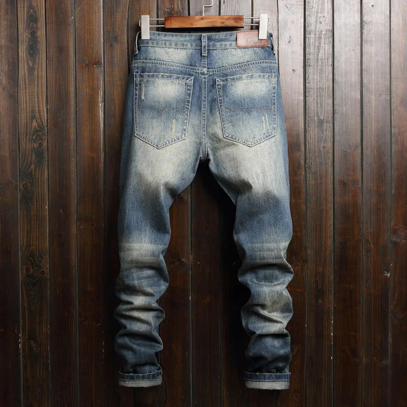 Mens Hole Retro Slim Fit Jeans Spring and Autumn American Style High Street Trend Fashion Leisure Straight Leg Pants 240113