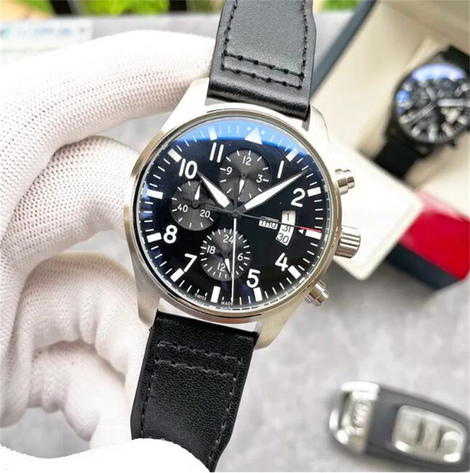 U1 Top AAA Luxury 43mm Pilot Watch Mechanical Automatic Day/Date Full Luminous Domed Leather Strap Black Dial and Hands Designer Military Wristwatch