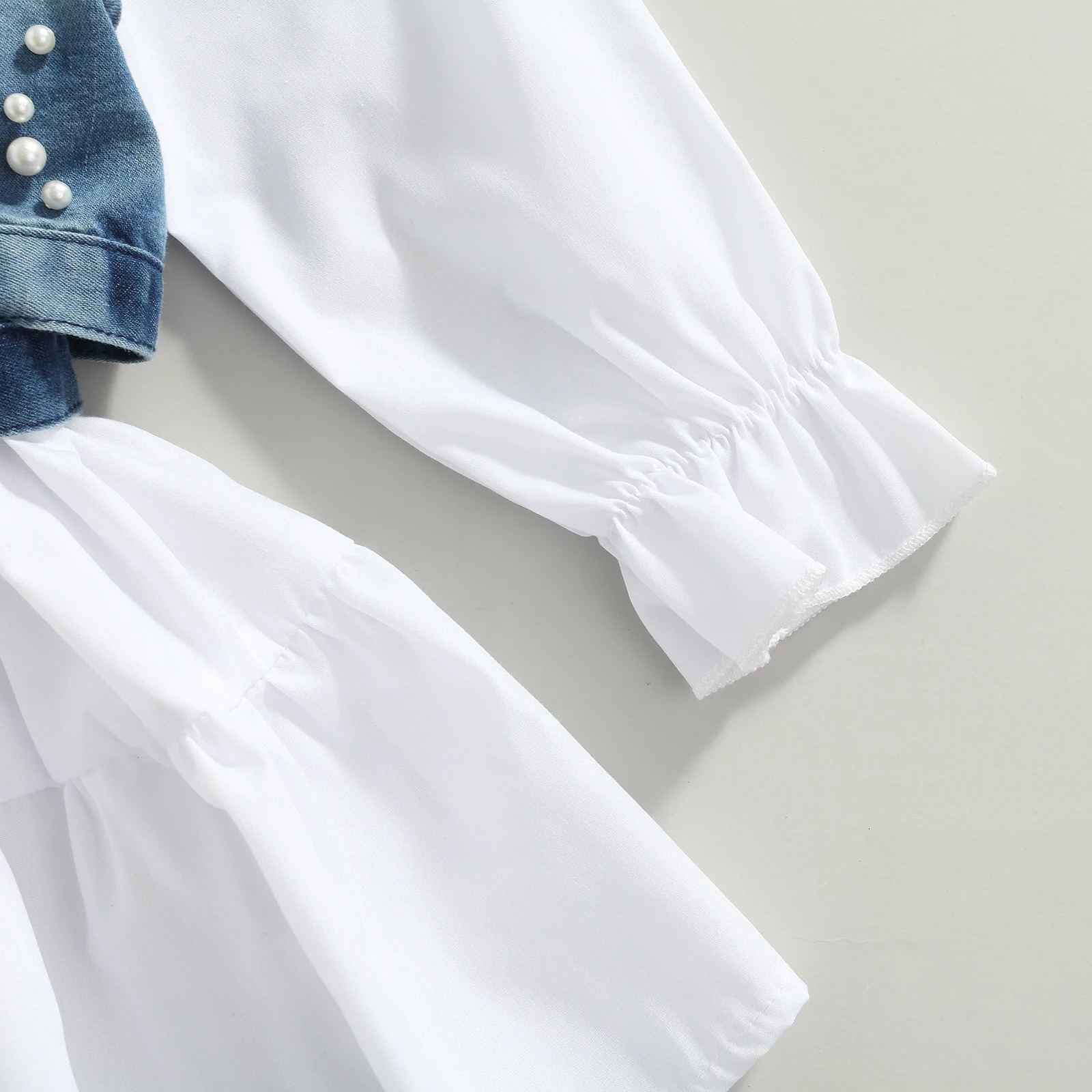Fashion Children Baby Girl Clothes Solid Color Long Sleeve Shirt Dress Denim Beading Vest 2Pcs Outfits Clothes 240113