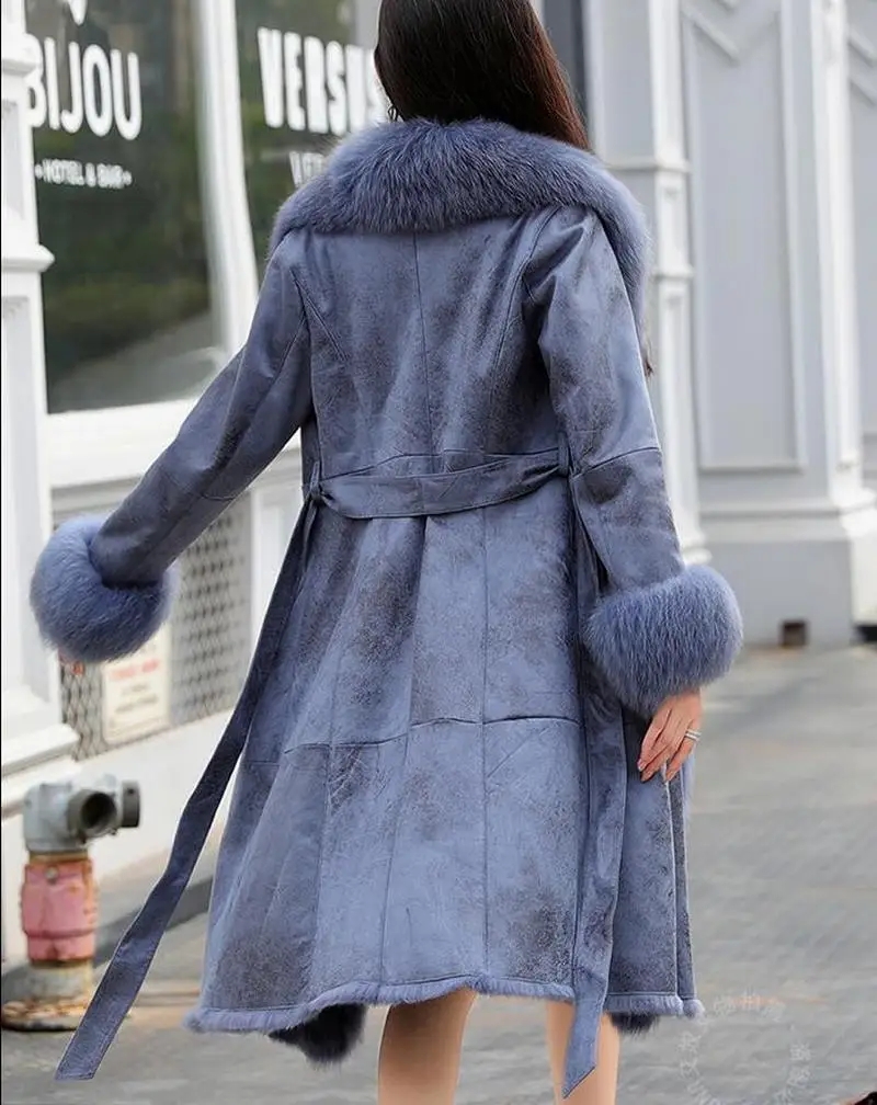 New Real Double Face Rabbit Fur Coat Women's Mid-Length Winter Close-Fitting Leather Fox Furs Collar Cuffs Fur Garments