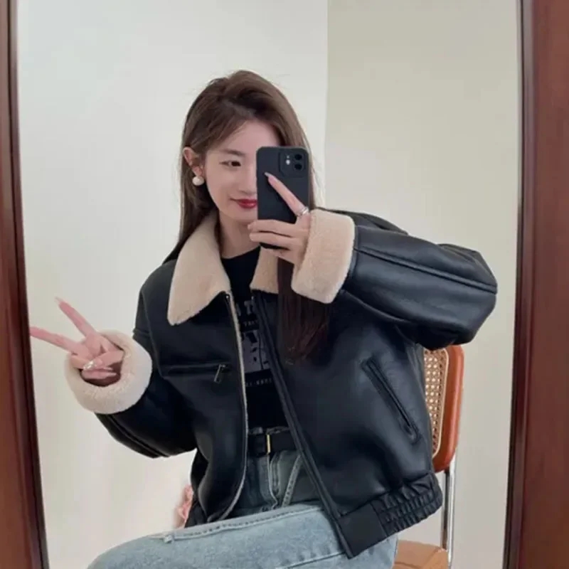 Fur PU Leather Jacket Women Flight Suit Vintage Streetwear Coat Harajuku Long Sleeve Riding Suit Zipper Short Outwear
