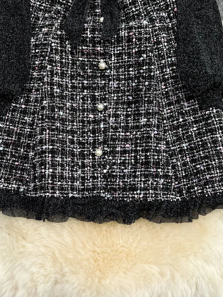 Elegant Lady Small Fragrance Temperament Ribbon Bow Collar Soft Ruffle Patchwork Tweed Plaid Woolen Buttons Autumn Mini Dress 240113