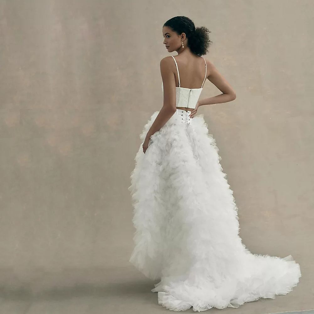 Modern 2 Pieces High Low A Line Wedding Dresses Spaghetti Strap Lace Bridal Gown Ruffles Tiere Tutu Wedding Gown