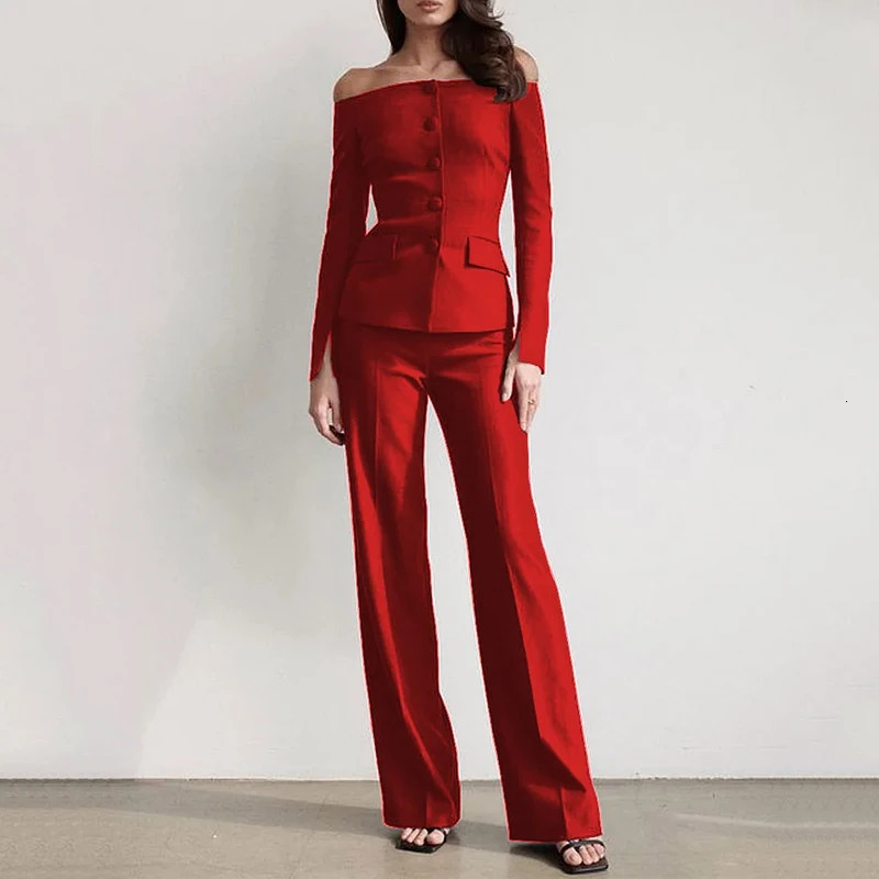 Wefads Elegant Women's Sets Two Piece Office Simple Solid Off Shoulder Long Sleeve Single Breasted Button Top Loose Pants Suits 240115
