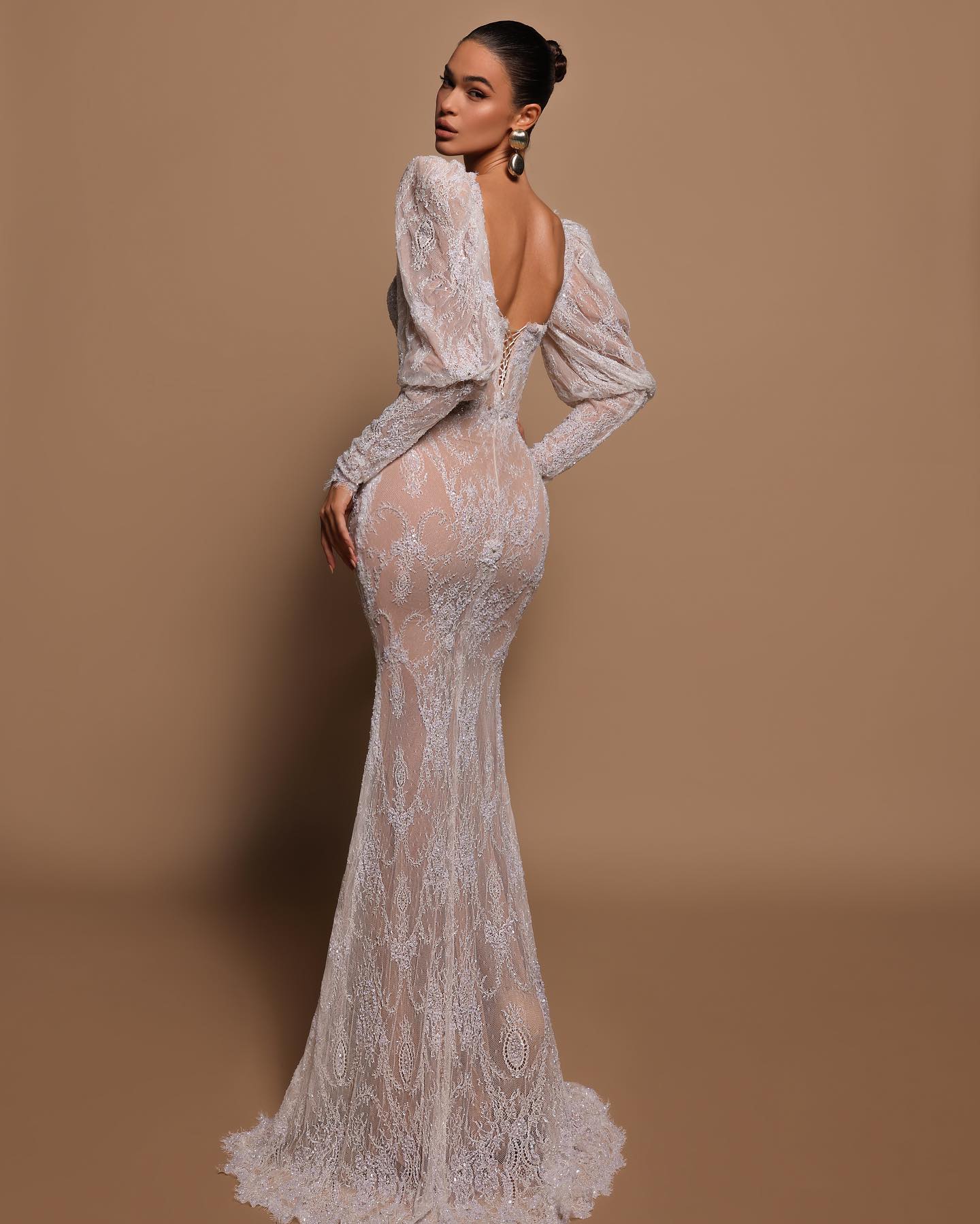 Mermaid Lace Dresses Puffy Long Sleeves Designer Wedding Dress Full Lace Wedding Bridal Gowns 0515