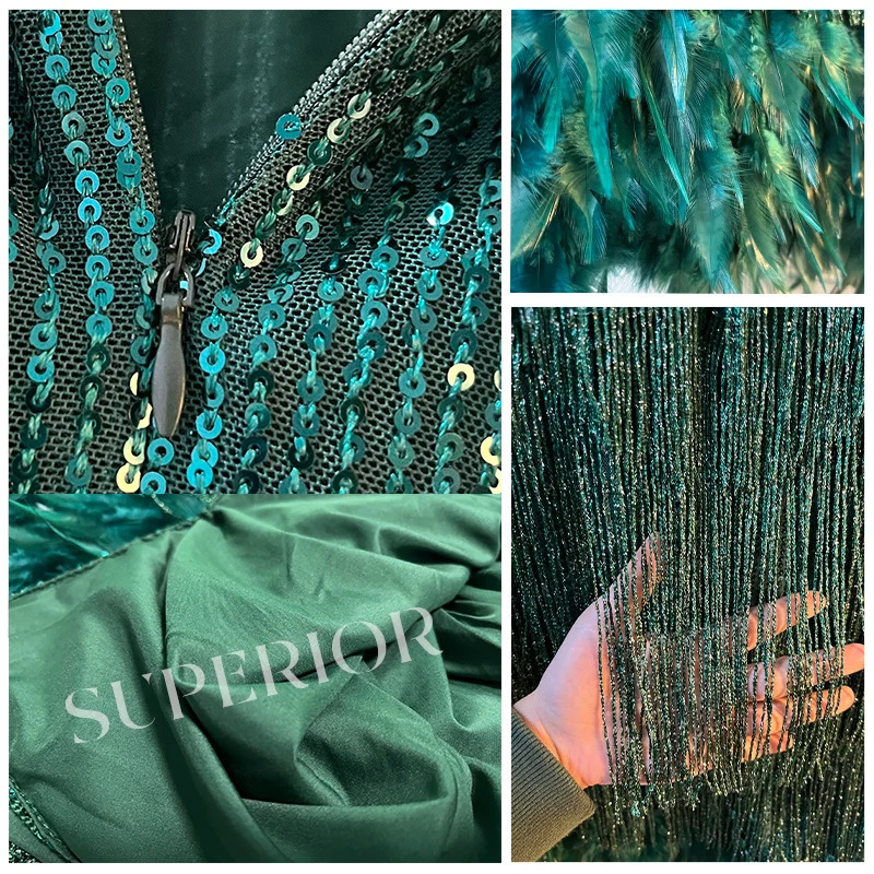Vssjavun Sequins Tassel Feather Spaghetti Strap Dress Women Fashion Sexy Stitching Mini Dress Evening Party Club Elegant Dress 240115