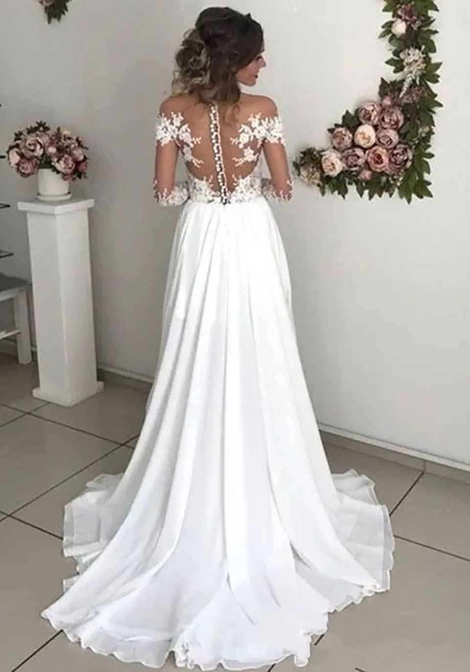 White Wedding Dresses Ivory Bridal Gowns Formal A Line O-Neck Long Sleeve Floor-Length Chiffon Applique Beaded Custom Zipper Lace Up Plus Size New