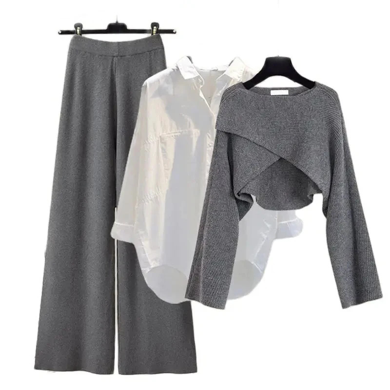 Spring Autumn Women's Loose Shirt Solid Sweater High Waist Wide Leg Pants Retro Casual Three Piece Set