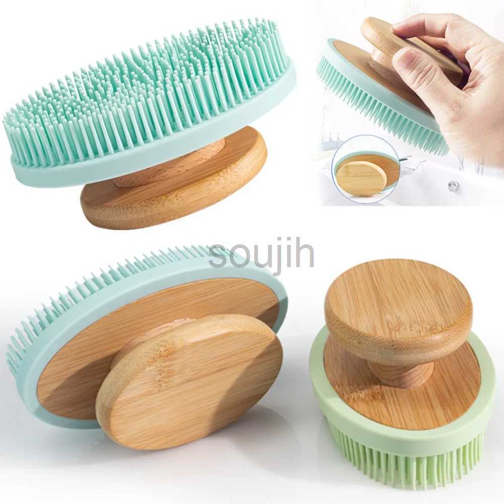 Bath Tools Accessories Soft Silicone Bath Brush Wooden Handle Exfoliating Brush Rub Back Brush Body Massage Cleansing Scrubber Brush Shower Bath Tools