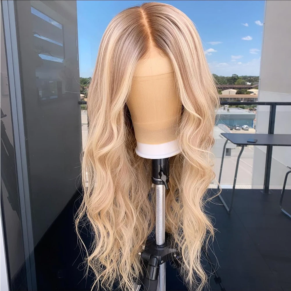Free shipping Light Blonde Highlights Full Front Human Hair Wigs for Women 13x4 HD Lace Frontal Roots Loose Wave Synthetic Wig PrePlucked Middle Part