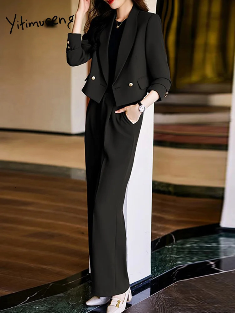 Yitimuceng Solid 2 Piece Sets Blazer Women 2023 Fashion Office Ladies Turn Down Collar Chic High Waist Pant Suits 240115