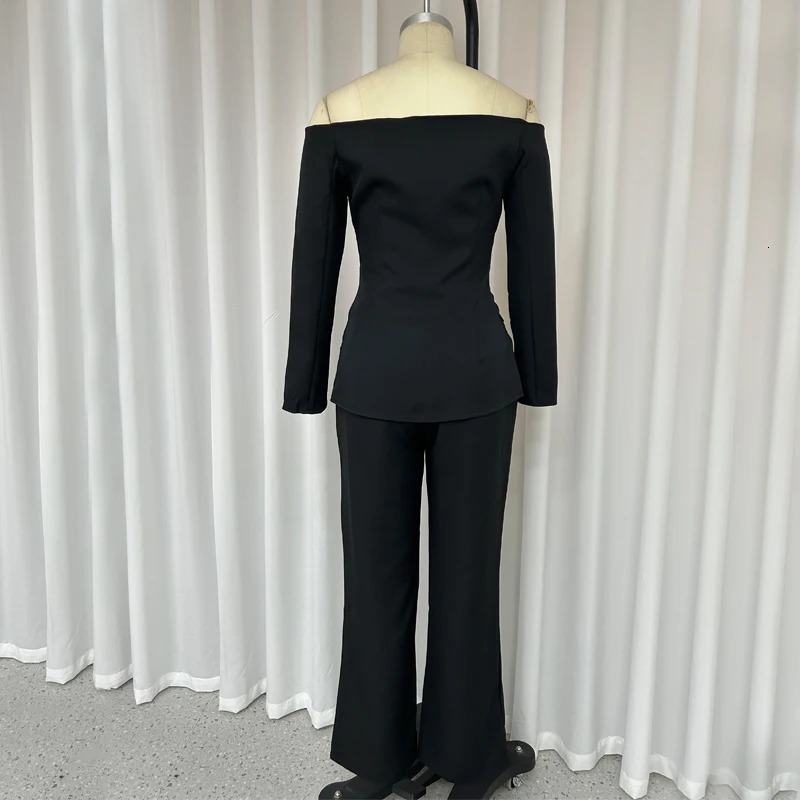 Wefads Elegant Women's Sets Two Piece Office Simple Solid Off Shoulder Long Sleeve Single Breasted Button Top Loose Pants Suits 240115