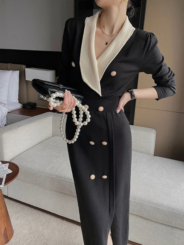 Vintage Korean Chic Streetwear Knitting Midi Long Dress Elegant Sleeve Vneck Casual Japanese Traf Dresse Y2K Autumn 240115