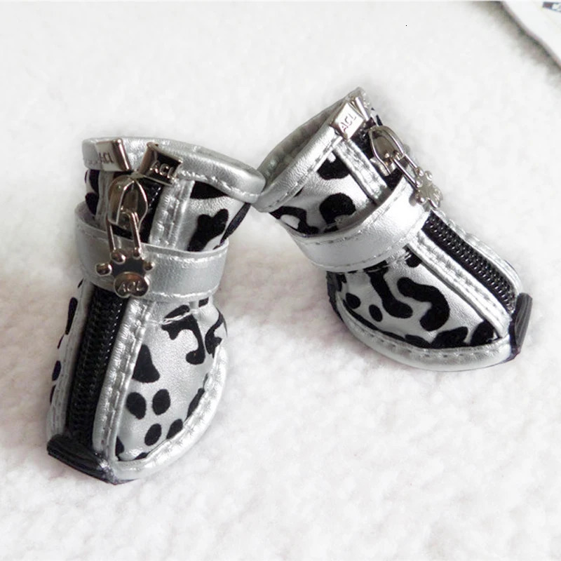 4pcsset Gold Leopard Leather Pet Dog Shoes PU anti-slip Boot for small dogs Teddy dog cat Waterproof shoes Puppy Booties ZL353 240115