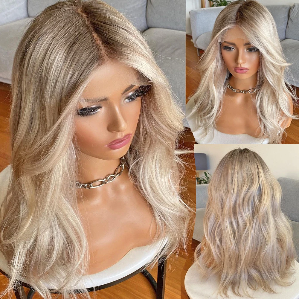 Highlight Human Hair Full Brown Roots HD Transparent Swiss Lace 13X4 Synthetic Lace Frontal Blonde Wig Natural Wave Ombre 250820