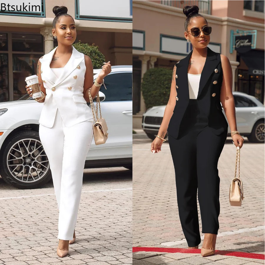 Women's Summer Twopiece Sets Office Wear Elegant OL Style Vest Tops and Pants Suit Jacket Trousers Set Blazer 240115