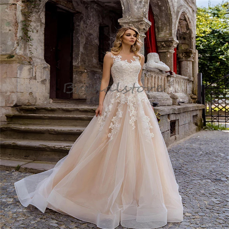 Elegant Champagne Bohemian Wedding Dress With Lace Sheer Neck A Line Tulle Appliques Fairy Boho Bride Dress 2024 Country Garde Gatsby Robe De Mariee V