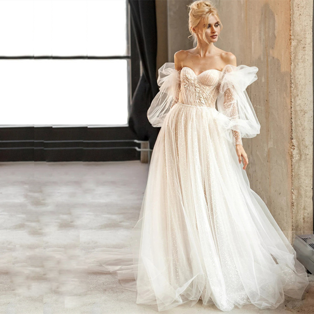 Detachable Puffy Sleeve Wedding Dresses A-Line Glitter Soft Tulle Bridal Gowns Vestido De Noiva Illusion Boho Wedding Gown