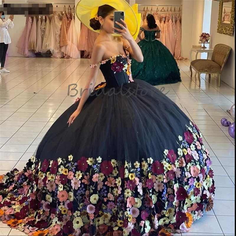 Black Mexican Quinceanera Dresses 2024 Charro Ball Gown 3D Florals Sixteen Sweet 15 Birthday Dress Lace Up Puffy Para Luxury Savistidos Vestidos De Xv