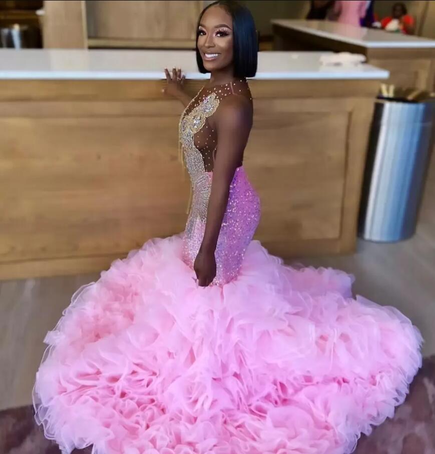 Pink Mermaid Prom Dresses Beaded Crystals Aso Ebi Evening Formal Party Second Reception Birthday Engagement Gowns black girl