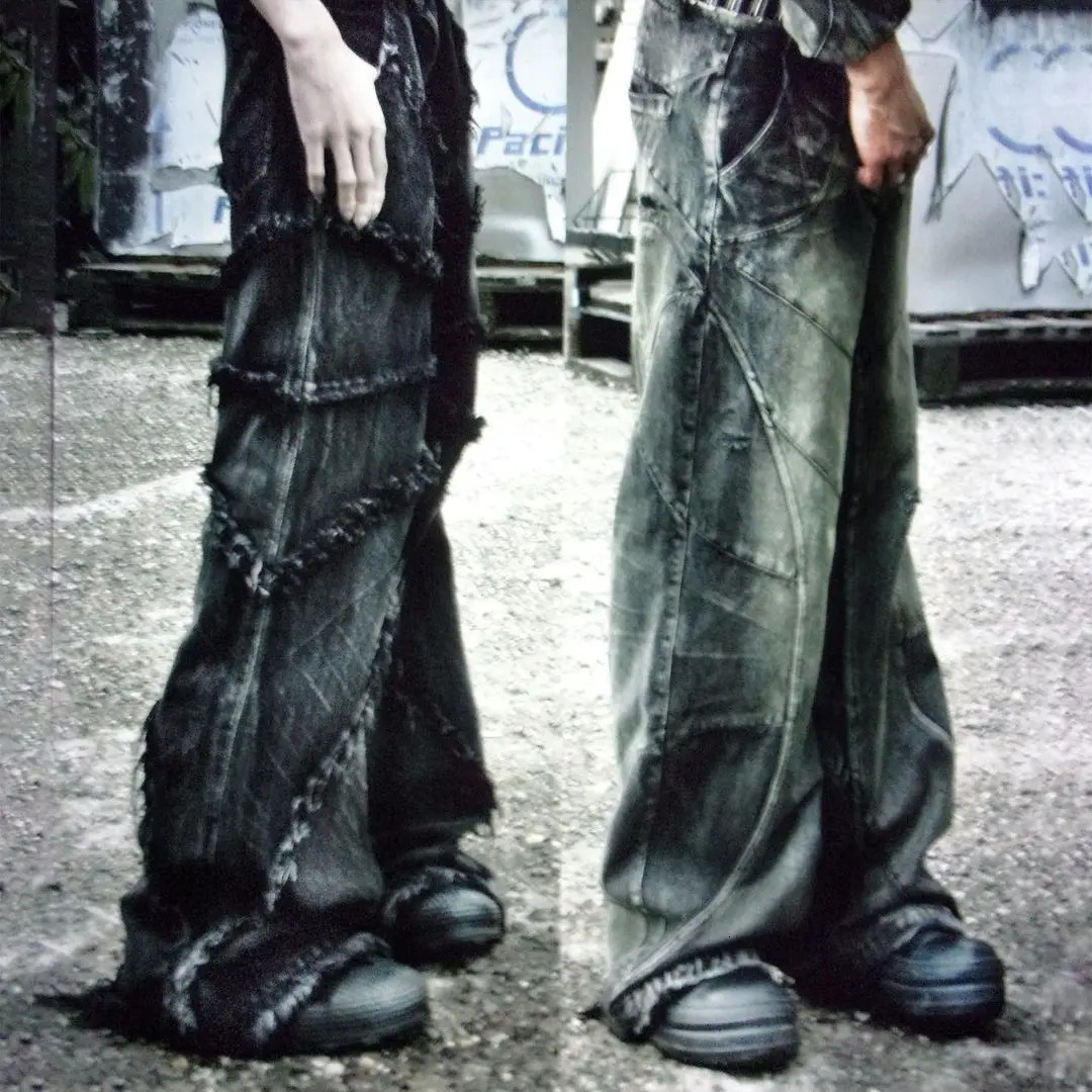 Y2K Tassel Jeans Men's Black Gray Washed Jeans Gothic Style Street Trend Teen Clothes Retro Loose Wide Leg Pants 240115