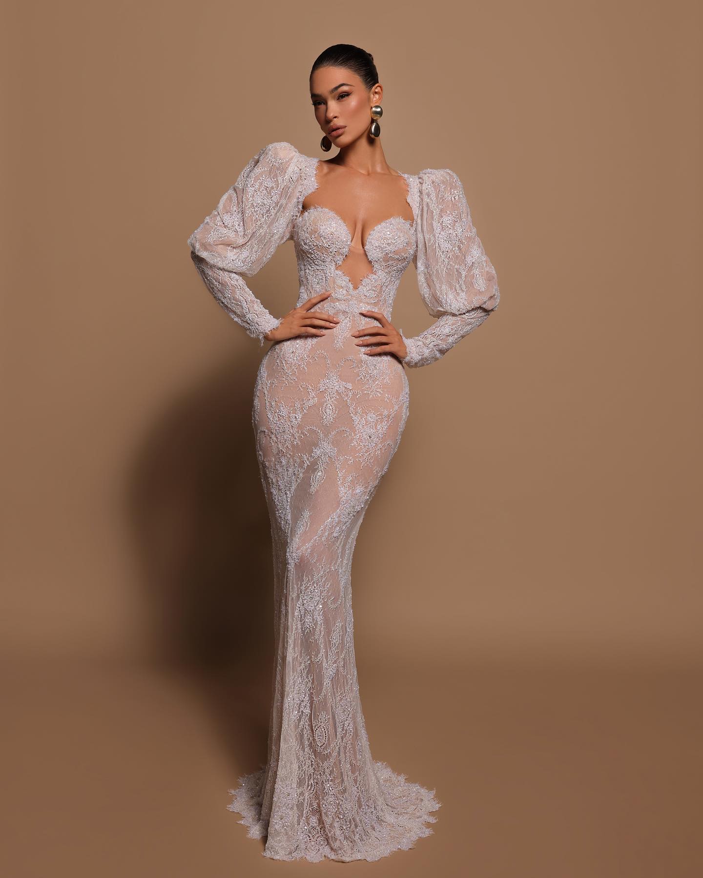 Mermaid Lace Dresses Puffy Long Sleeves Designer Wedding Dress Full Lace Wedding Bridal Gowns 0515