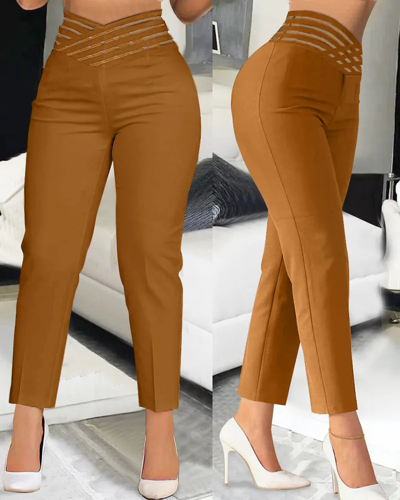 Summer Pants for Women Loose Fashion Overlap Waist Hollow Out Work Spliced Solid Color Thin Feet s Office Lady 240115