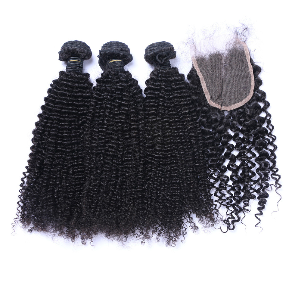 Brazilian Kinky Curly Human Virgin Hair 3 Bundles With 4x4 Lace Closure Bleached Knots 100g/pc Natural Black Color 1B Double Wefts Hair Extensions
