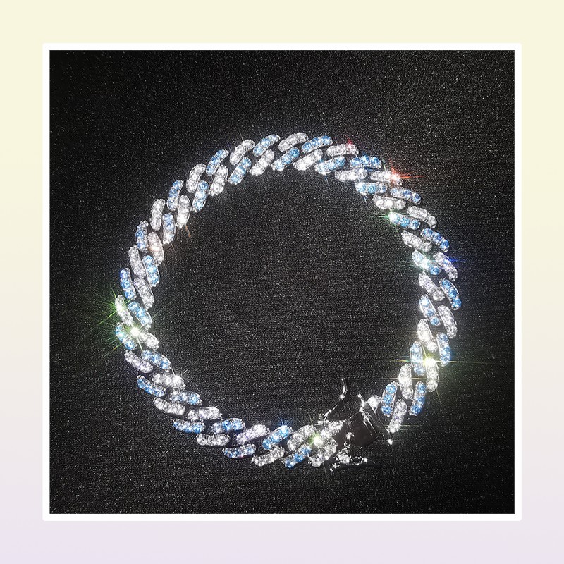 Iced Out Miami Cuban Link Chain Sea Blue Mens Gold Chains Necklace Bracelet Fashion Hip Hop Jewelry 9MM307x