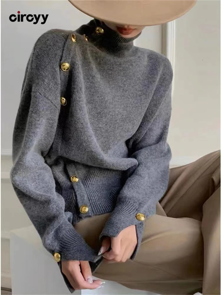Circyy Knitted Sweater Women Fall Winter Thicken Long Sleeve Single Breasted Pullovers Turtleneck Warm Solid Jumpers 240116