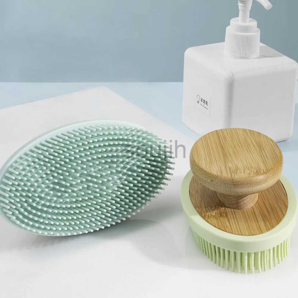 Bath Tools Accessories Soft Silicone Bath Brush Wooden Handle Exfoliating Brush Rub Back Brush Body Massage Cleansing Scrubber Brush Shower Bath Tools