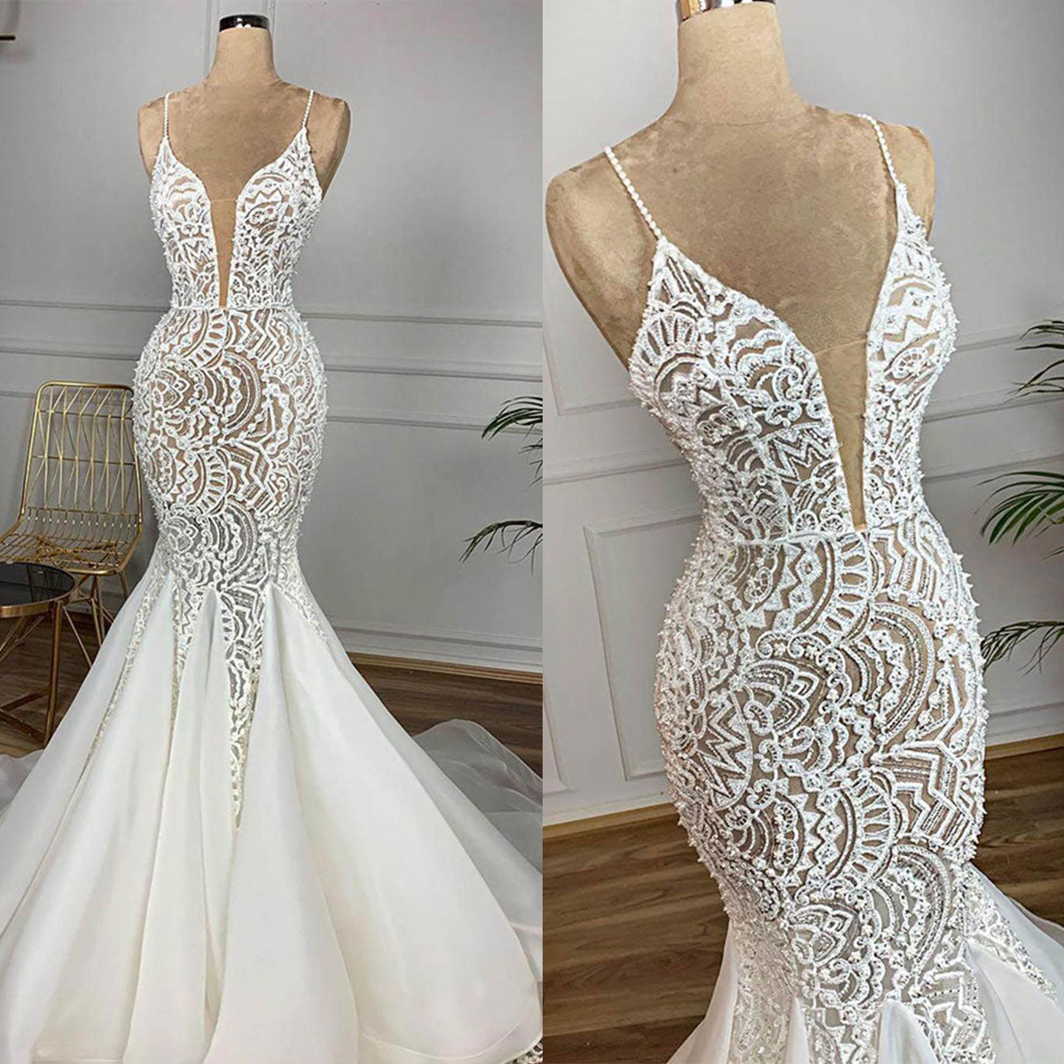 Mermaid Sexy Lace Wedding See Through V Neck Bridal Gowns Spaghetti Straps Ruffle Train Bride Dresses Custom Made