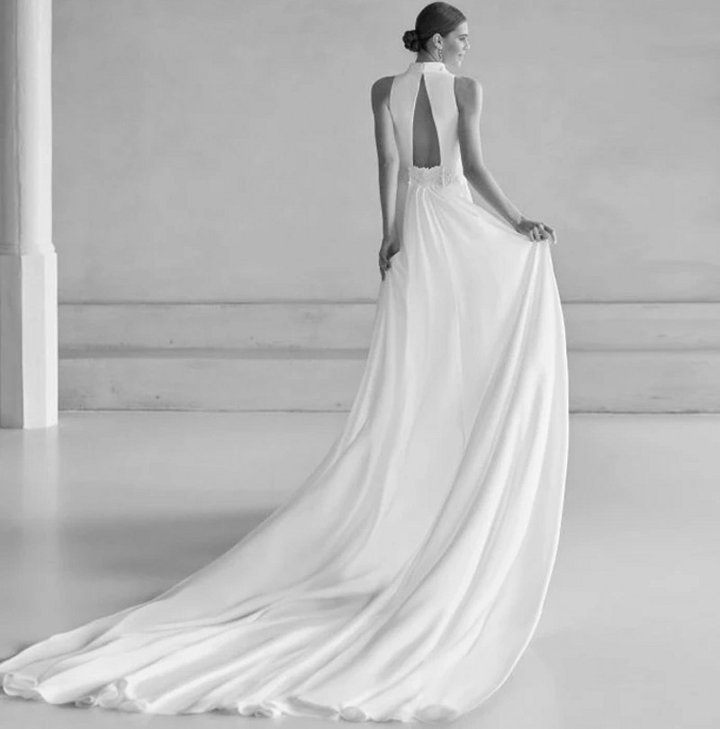 2024 Modern A Line Wedding Dress High Neck Lace Waist Backless Soft Satin Chiffon Sweep Train Bride Gowns Robe De Mariage Vestidos De Novias